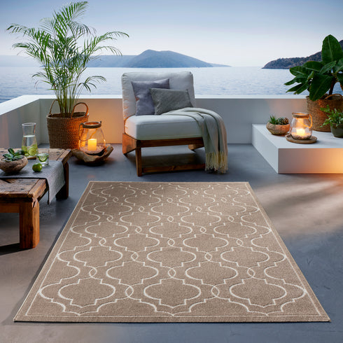 Outdoor Teppich Wetterfest Waschbar im modernen Florentiner Design | Für Drinnen und Draußen | Terrasse Balkon Garten Wohnzimmer Badezimmer Küche | Beige Florentiner